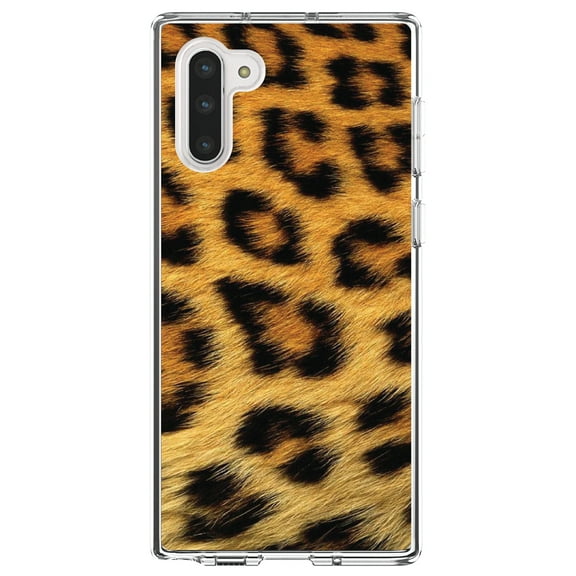 DistinctInk Clear Shockproof Hybrid Case for Samsung Galaxy Note 10 (6.3" Screen) - TPU Bumper, Acrylic Back, Tempered Glass Screen Protector - Brown Black Leopard Fur Skin Print