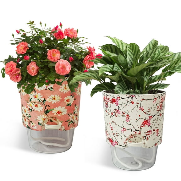 FCMSHAMD Plant Pots 5 inch Set of 2, Self Watering Flower Pots Indoor Outdoor, Self Watering Planters with Drainage Hole & Clear Saucer Reservoir