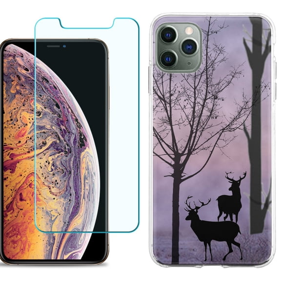 For Apple iPhone 11 Pro Max Phone Case , Slim-Fit TPU Case with Tempered Glass Screen Protector, by OneToughShield ® - Forest/Deer/Twilight