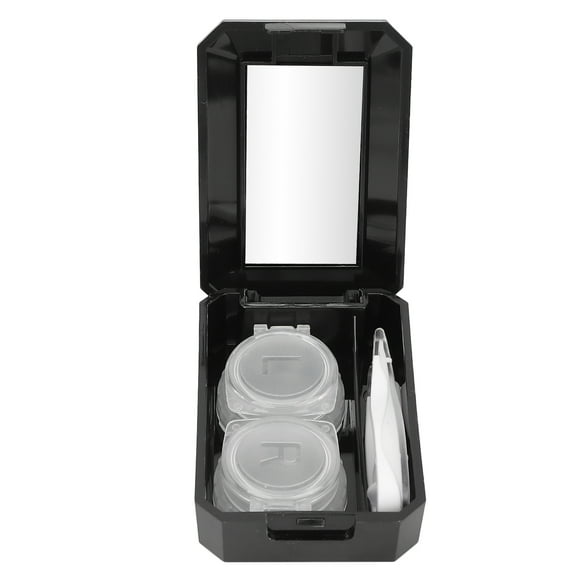 Caja para lentes de contacto, recipiente para remojar lentes de contacto con espejo, pinzas y herramienta para quitarlos, color negro