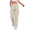 thumbnail image 2 of Casual Loose Fit Cargo Pants for Women High Waisted Straight Wide Leg Trousers with Functional Pockets for Daily Outdoor Outfits Beige L, 2 of 5