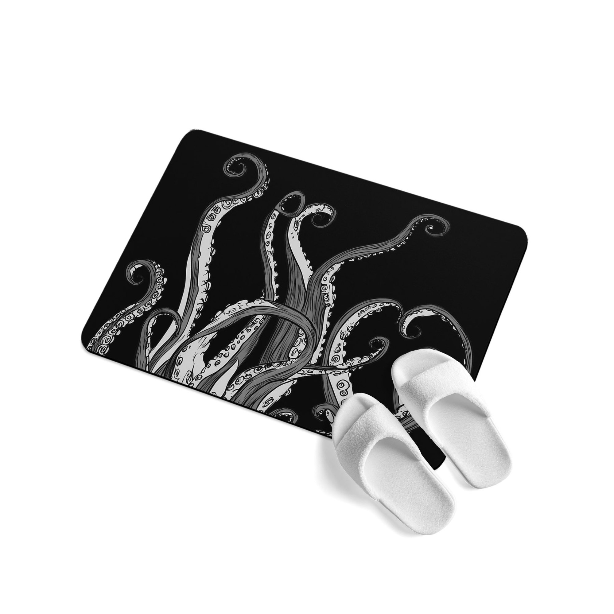 Abstract Art Soft Diatomaceous Earth Mat, Black Octopus Tentacles Ocean Animal Modern Absorbent Bath Mat Non Slip Rubber Backed Quick Dry Doormat Fit Under Door for Bathroom Kitchen 18"x30"