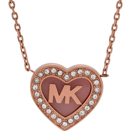 Michael Kors Women's Crystal Rose Gold-Tone Stainless Steel Pave Logo Heart Fashion Necklace, 18