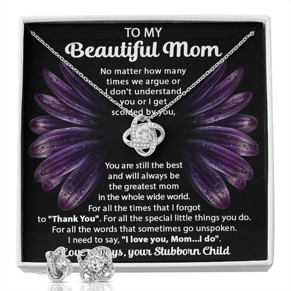 To My Beautiful Mom Love Knot Earring & Necklace set Mother Day Gift