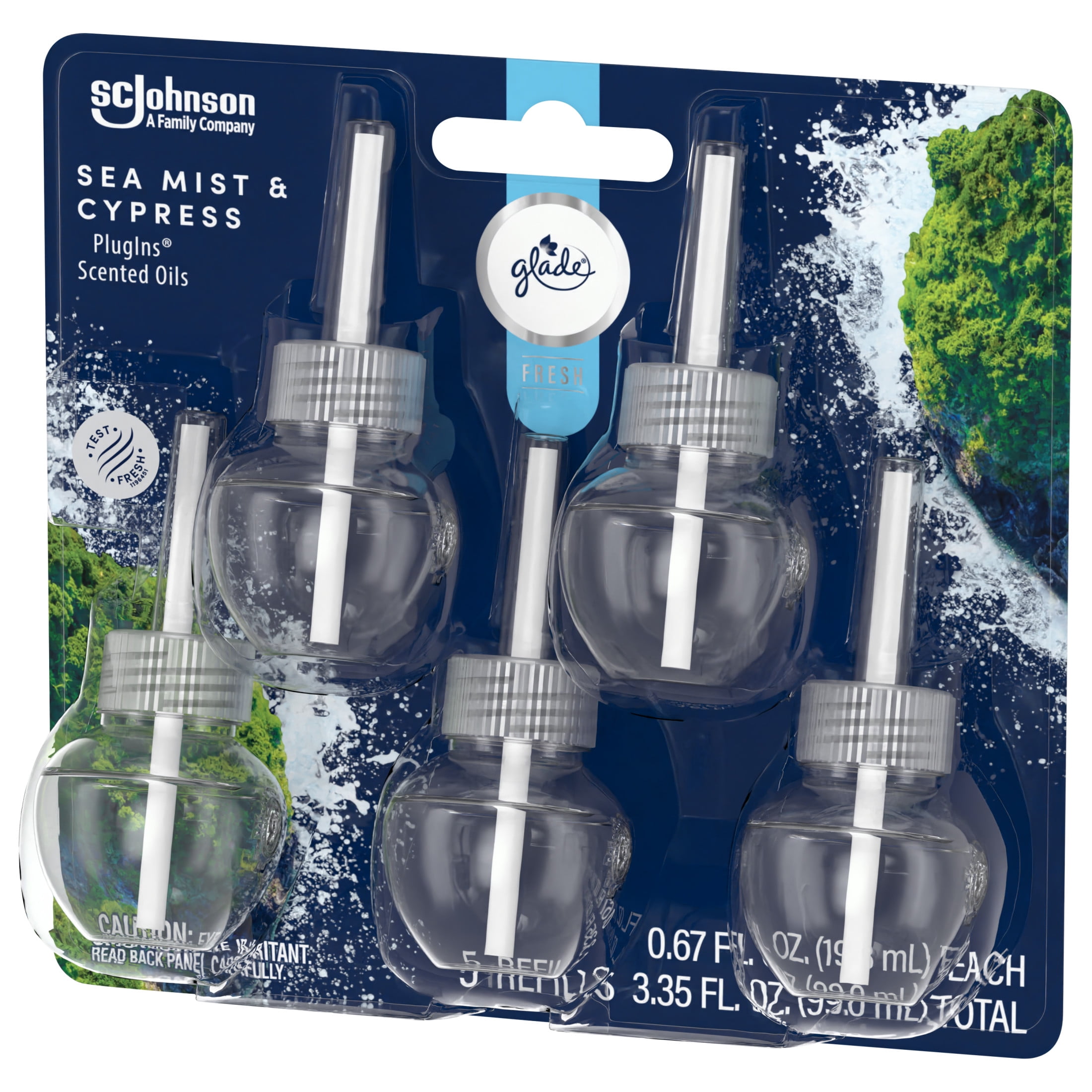 (5 pack) Glade PlugIns Scented Oils Air Freshener Refills, Sea Mist & Cypress, Fresh Collection, 0.67 fl oz Each, 5 Refills