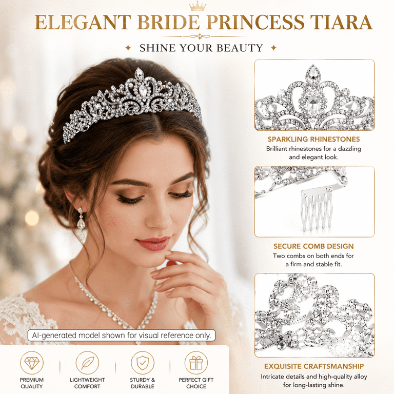 2 PCs Bridal Wedding Tiara Crown Headband & Hair Clips Comb Flower Rhinestones‎ Kabuer Silver Princess Tiara for Women Girls Elegant Bridal  main image 4