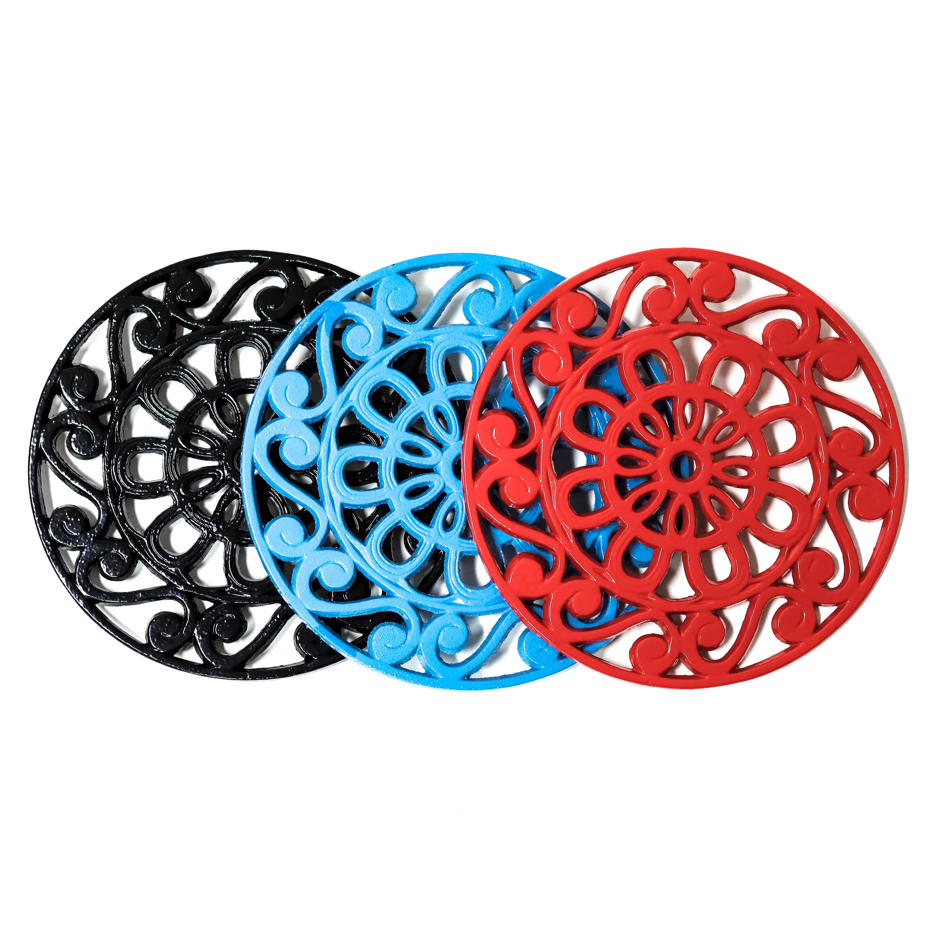 Decorative Cast Iron Metal Trivets (Set of 3, Black/Red/Blue)