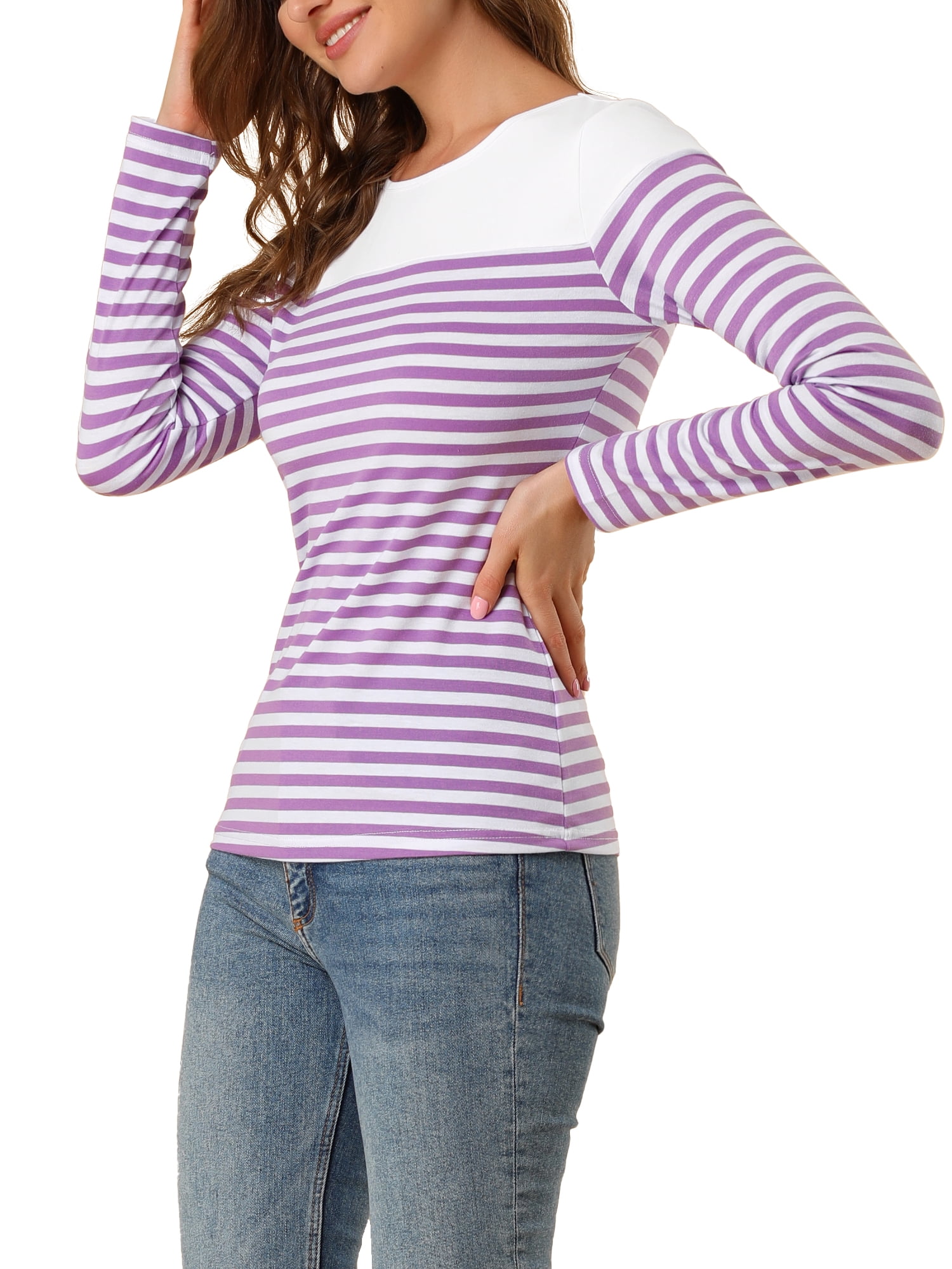DARING DIVA Women's Color Block Striped Knit Top Long Sleeves T-Shirt XS White Purple