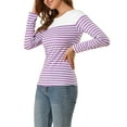 thumbnail image 4 of MODA NOVA Juniors Color Block Long Sleeve Striped Causal T-Shirt White Purple M, 4 of 6