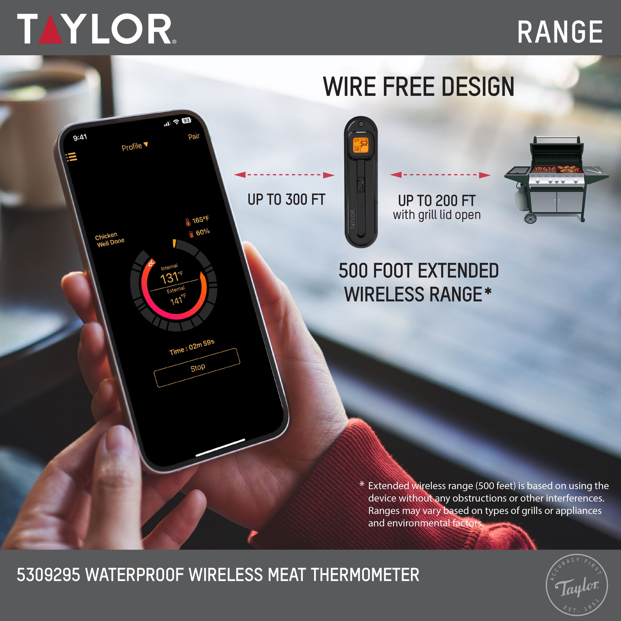 Taylor Waterproof Bluetooth Digital Wireless Grill and Meat Thermometer with Smart Probe Black