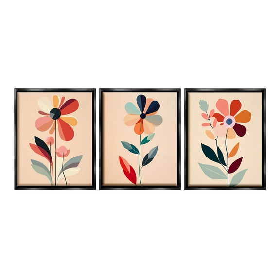 Stupell Industries Funky Modern Flowers Botanical & Floral Painting Black Floater Framed Canvas Art Print Wall Art, 17 x 21, Set of 3