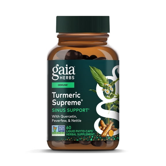 Gaia Herbs, Turmeric Supreme Sinus Support, Turmeric Curcumin Supplement for Seasonal Allergy Support, Non-Drowsy Formula, Vegan Liquid Capsules, 60 Count