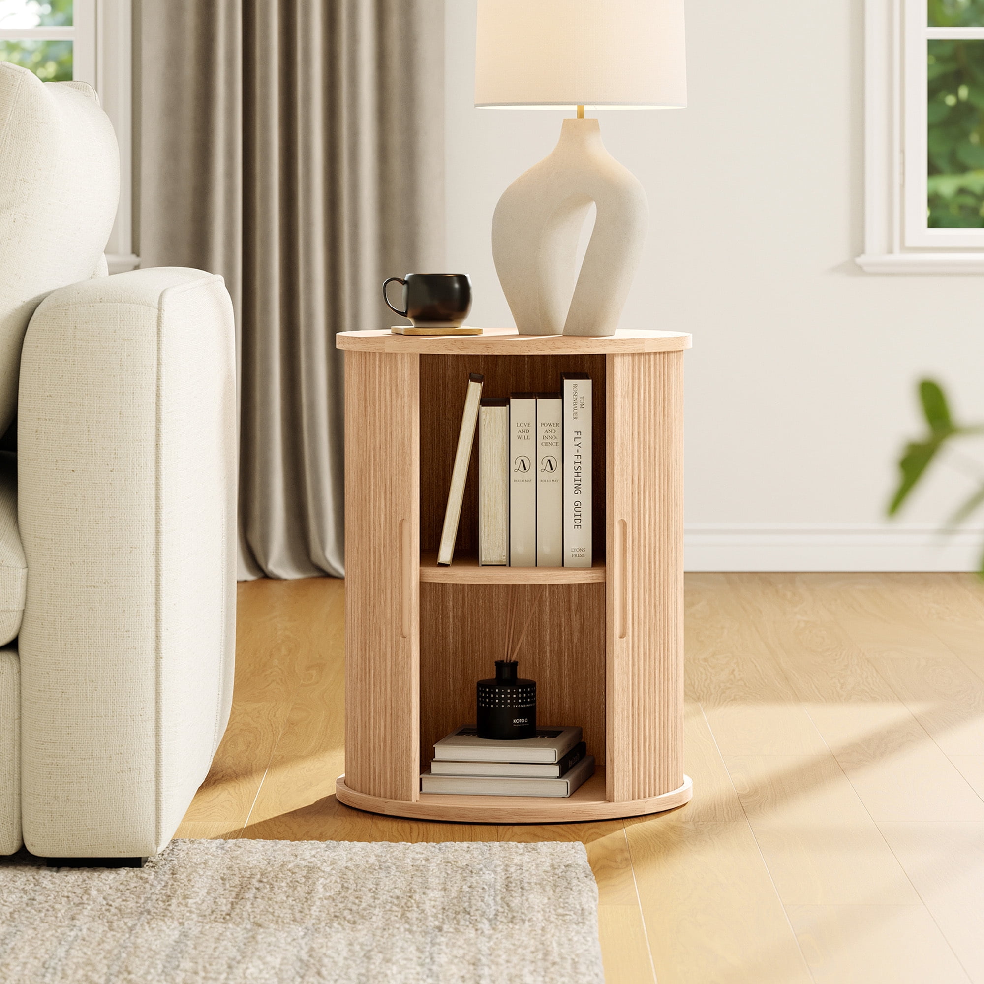 LINSY HOME Fluted Round End Tables for Living Room, Nightstand for Bedroom with with Sliding Tambour Door and Adjustable Shelves, Oak(1 Pcs)