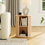 LINSY HOME Fluted Round End Tables for Living Room, Nightstand for Bedroom with with Sliding Tambour Door and Adjustable Shelves, Oak(1 Pcs)