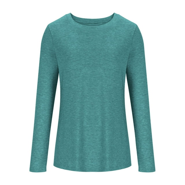 Lmnyox Chandails à Manches Longues pour Femmes Mode Col Rond T-Shirt Basique Automne Décontracté Couleur Unie Chandails