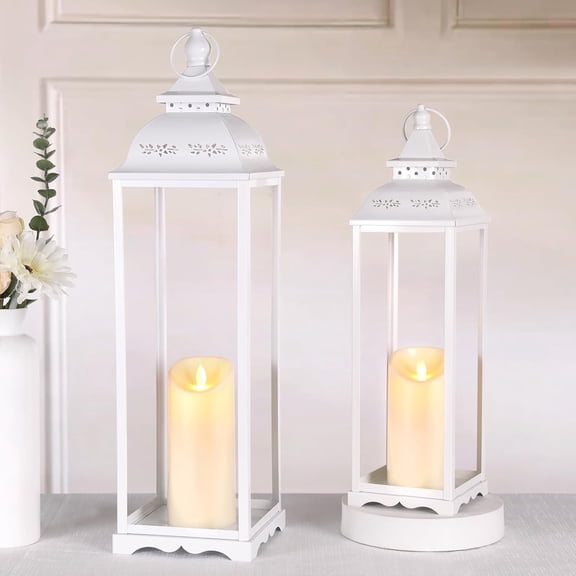 2 Pack Large Lanterns Decorative Indoor, White Tall Farmhouse Outdoor Lantern for Porch, 22'' 17'' Lantern Decor (no Glass) with 2PCS Flameless Candles for Wedding Home Table Front Door