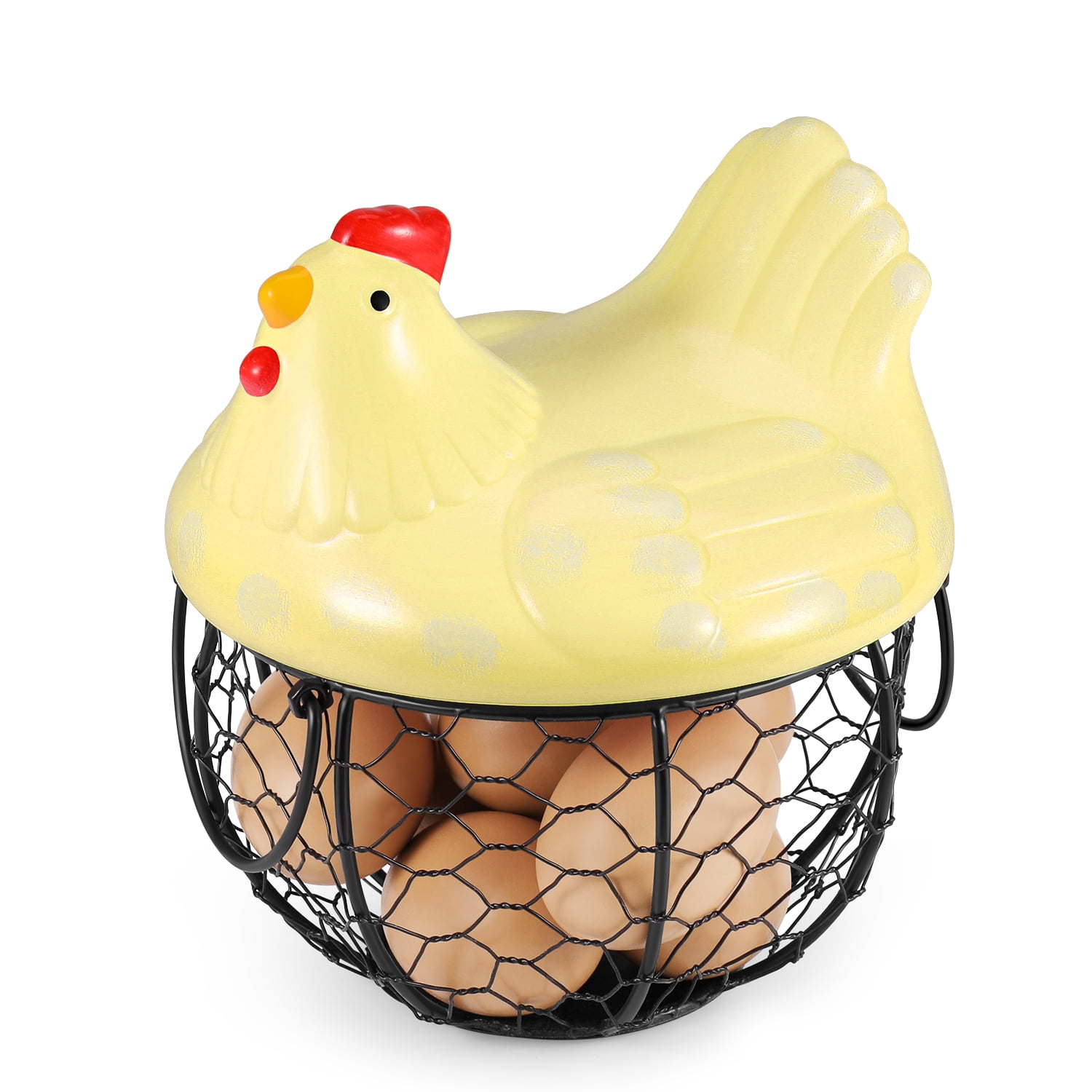 oskas Kitchen Storage Metal Wire Egg Basket with Ceramic Farm Chicken Cover Fresh Egg Holder/Organizer Case/Container
