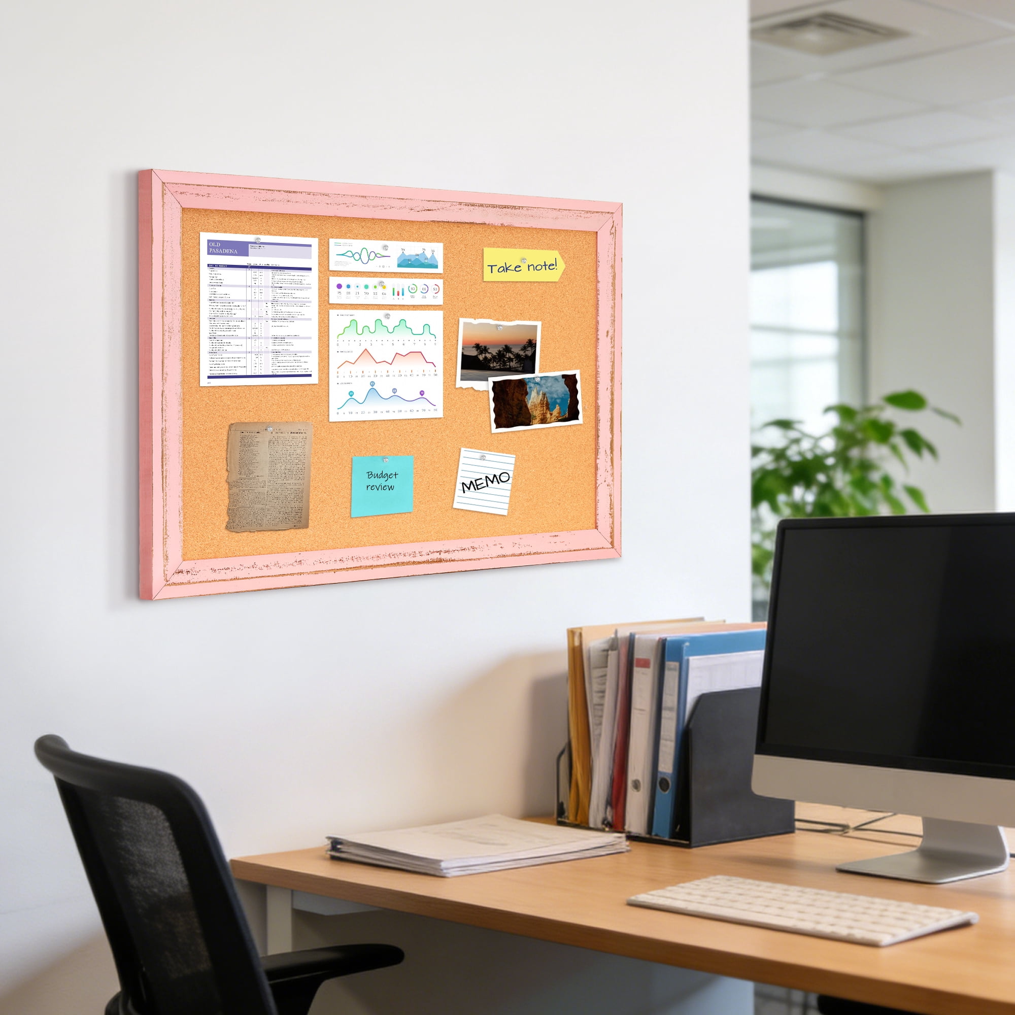DOLLAR BOSS Poster Board Bulletin Board Pink Cork Board for Wall 24 X 18 Inches Message Project Board Decorative Hanging Pin Board for Office & Home Decor with 10 Pushpins