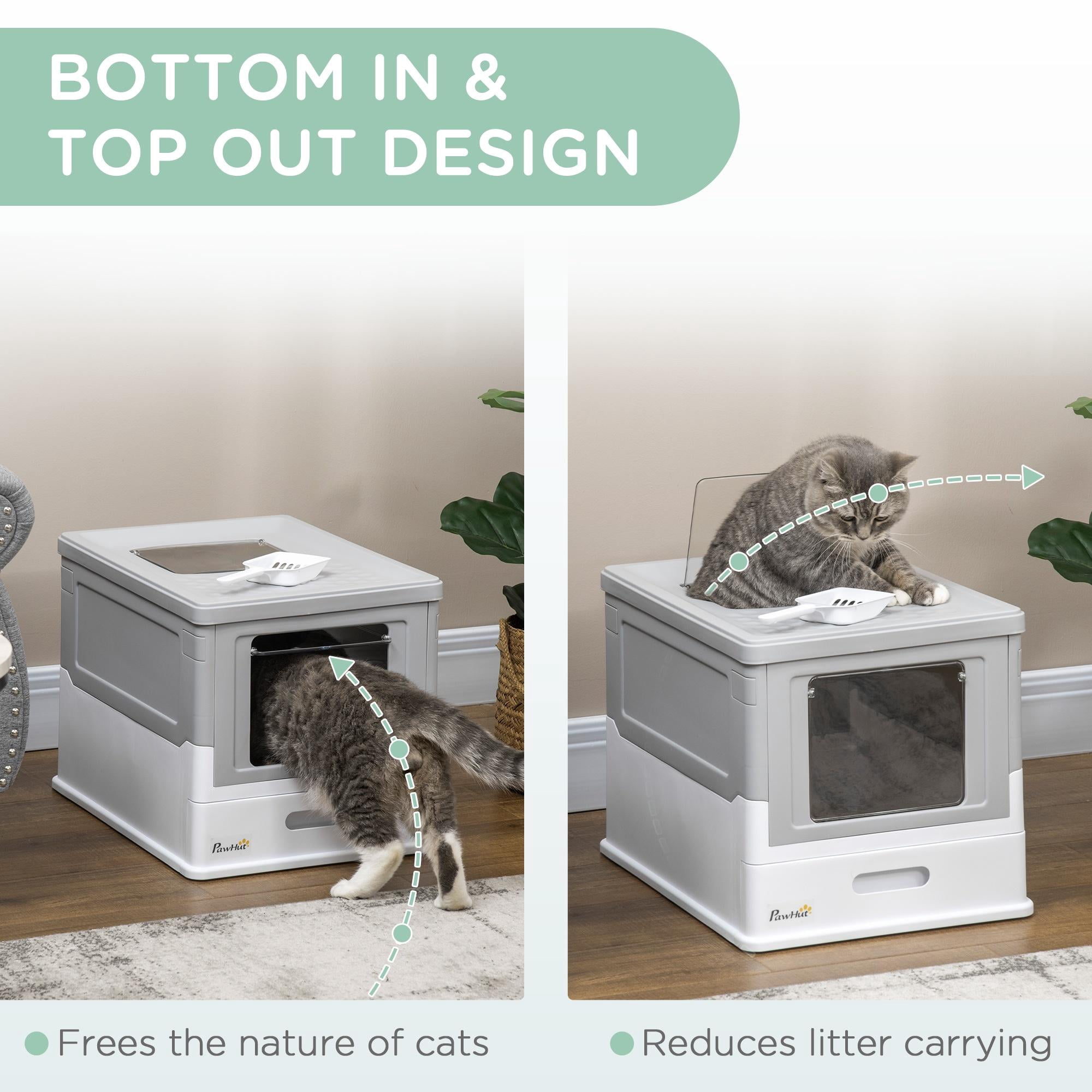 Glavbiku Foldable PP Enclosed Cat Litter Box with Scoop,Portable Pet Cat Litter House with Tray,Gray