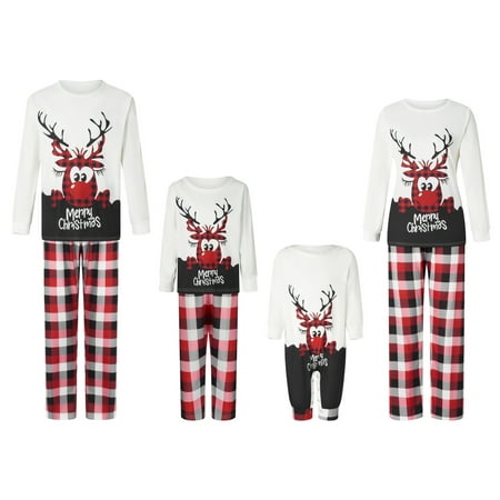 

Christmas Family Pajamas Matching Set Elk Print Long Sleeve Tops and Elastic Plaid Pants Loungewear Soft Sleepwear