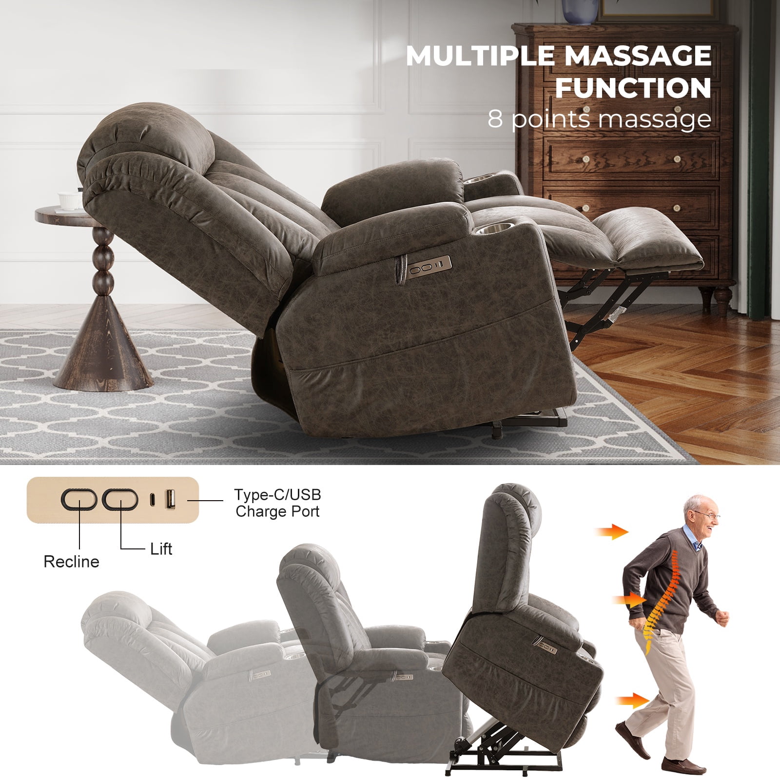 JULY'S SONG Large Power Recliner Chair with Massage and Heat, Overstuffed Wide lift chairs for elderly , Electric Oversized Recliners for Adults, Vegan Leather Grey