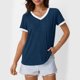 thumbnail image 4 of Tops para salir,Camiseta holgada informal con cuello en V para mujer, blusa de manga corta con patchwork, poliéster, corte cómodo, uso diario, sopatenor, 4 of 8
