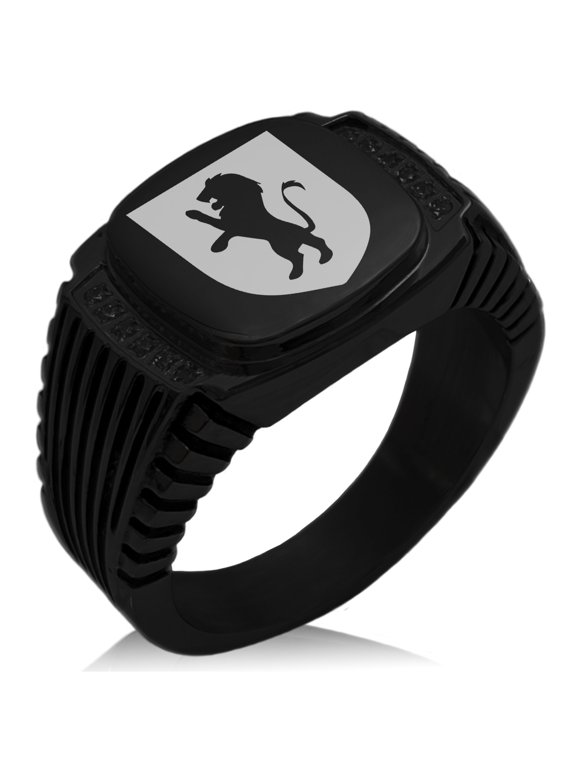 Stainless Steel Lion Courage Coat of Arms Shield CZ Ribbed Needle Stripe Pattern Biker Style Polished Ring