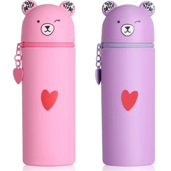 2Pcs Silicone Pencil Case Pink/Purple Bear Cute Kawaii Cartoon For Students