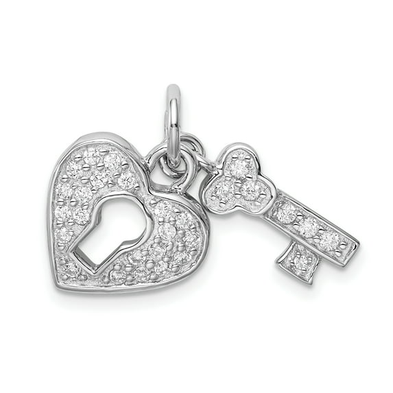 Beautiful Sterling Silver Rhodium-plated CZ Heart Lock & Key Charm