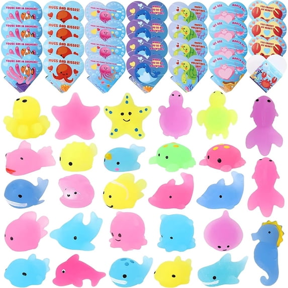 Adeeing 28 Pack Valentines Day Gift Cards for Kids with Mochi Squishy Toys, Glow In The Dark Kawaii Stress Relief Toys for Valentines Party Favors Classroom Exchange Prizes