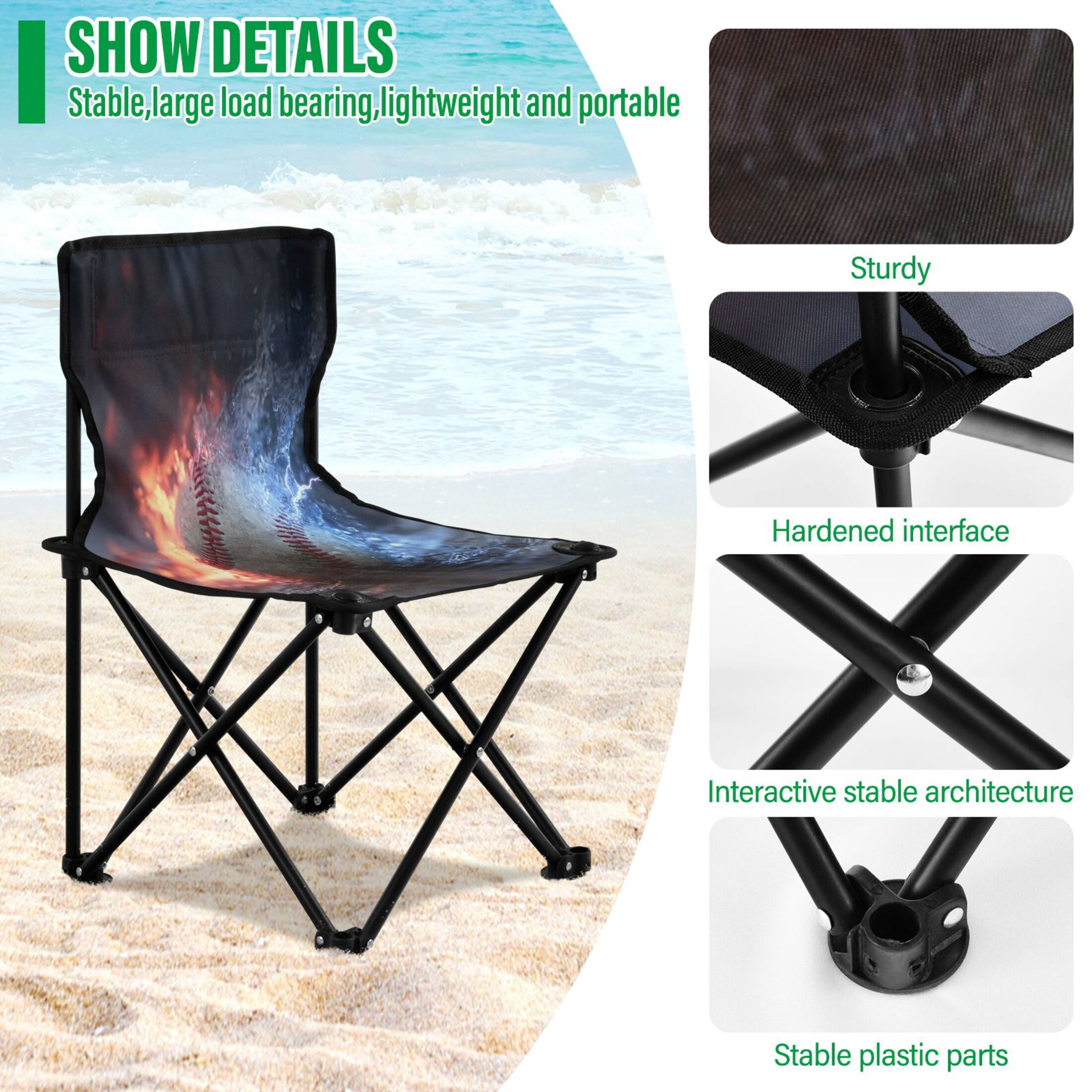 600D Oxford Camping Chair Portable Foldable Chair Supports 220 lbs for Picnic, Fishing, Backpacking Baseball with Water and Fire