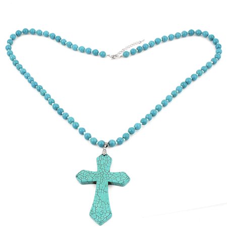 Turquoise Bead Necklace Jewelry - Unique Bargains Women Cross Dangling Pandent Beads Detail Turquoise Stone Necklace Teal