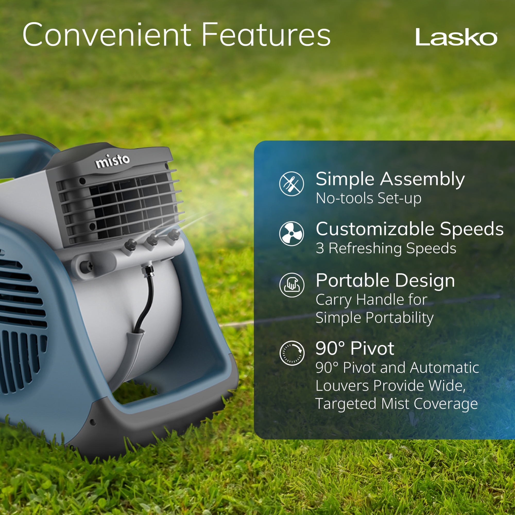 Lasko Misto 15" Outdoor Misting Fan, Pivoting Patio Cooling Fan with 3 Speeds, GFCI Safety Cord, Blue, 7054