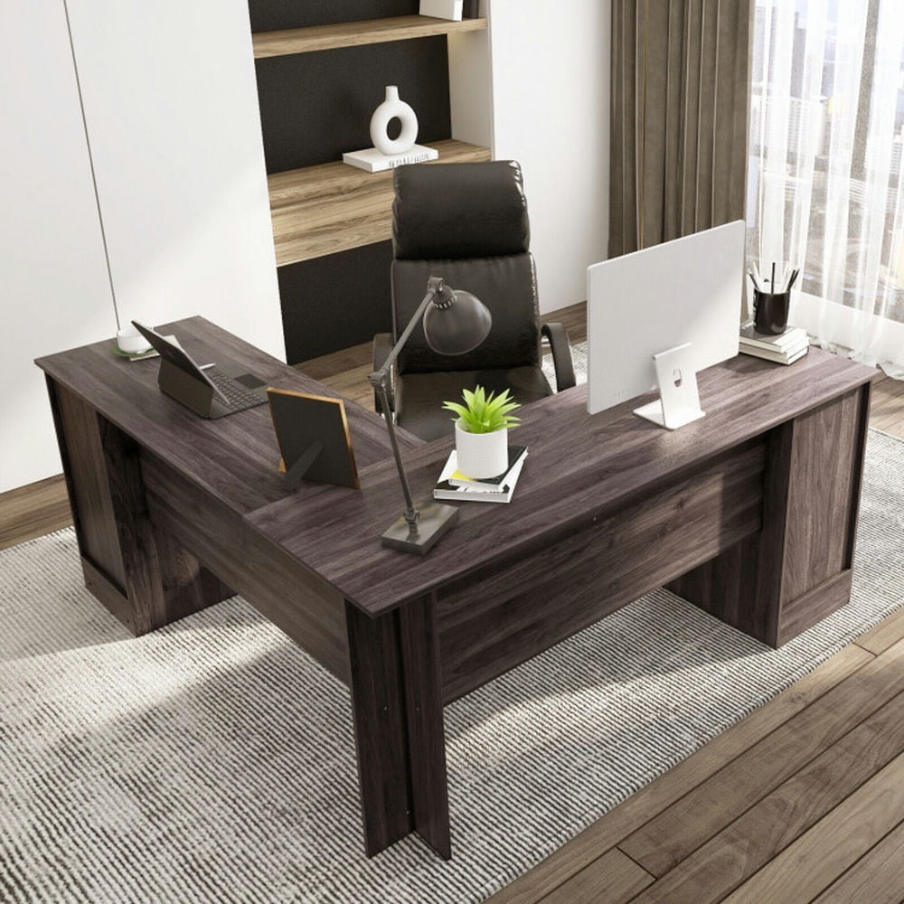 Demi Bonn L-Shaped Office Desk with Storage Drawers and Keyboard Tray, Small Home Computer Desk Study Writing Table, Dark Brown