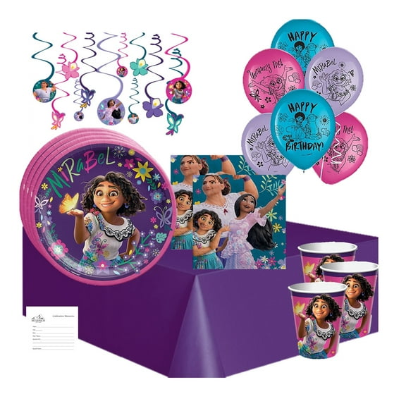 Encanto Birthday Party Supplies for 16 Guests with balloons and swirls