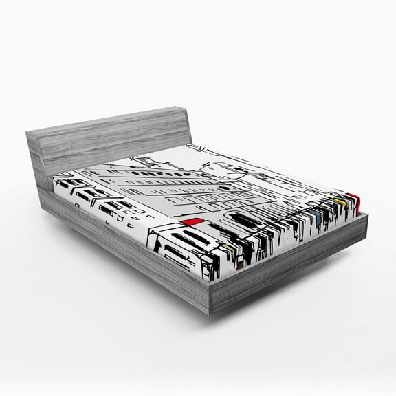 Ambesonne Urban Fitted Sheet, Ink Cityscape Street View, Full Size, Grey Black White