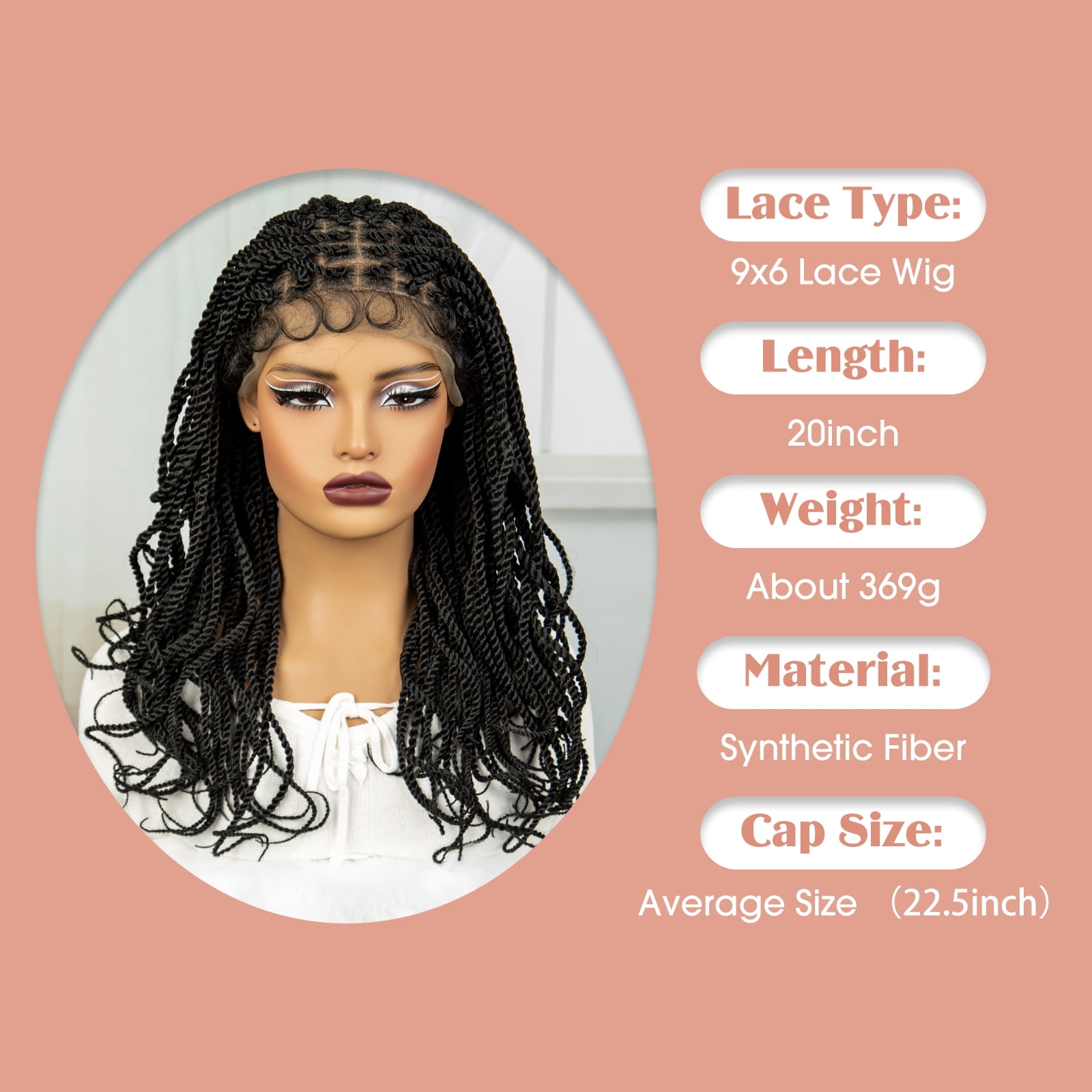 Twist Braided Wigs 20 Inches Lace Frontal Lightweight Synthetic Square Knotless Box Braids Wigs Curly Ends with Baby Hair for Women (1B Color)