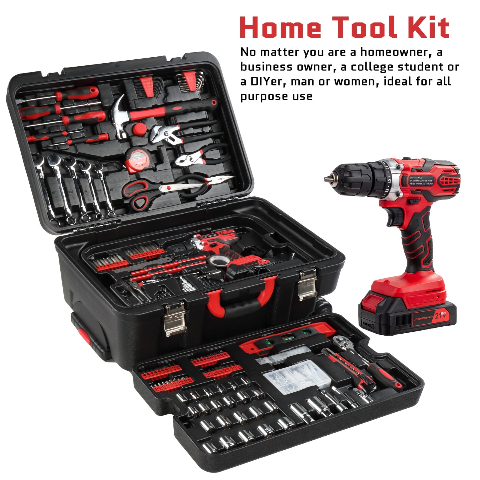599pcs Cordless Drill Set, Seizeen Rolling Tool Box with 21V Power Drill, Mechanic Tool Kits, Ratchet Wrench Set, 3-layer Multi-Purpose Tool Set on Weels Suitcase Design