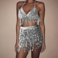 thumbnail image 2 of OSOLU Solid Color Women Sequin Belly Tassel Wrap Mini Skirt Club +Vest Set Leisure Women Tops Dressy Casual, 2 of 4