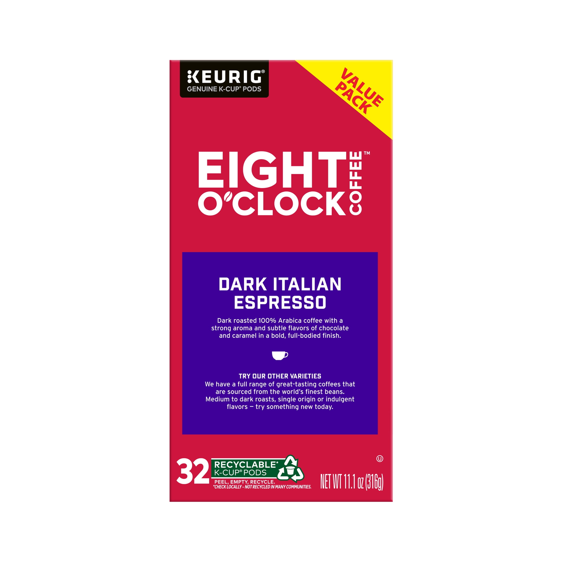 Eight O'Clock Coffee Dark Roast Dark Italian Espresso Coffee Value Pack 32 - 0.34 oz K-Cup Pods