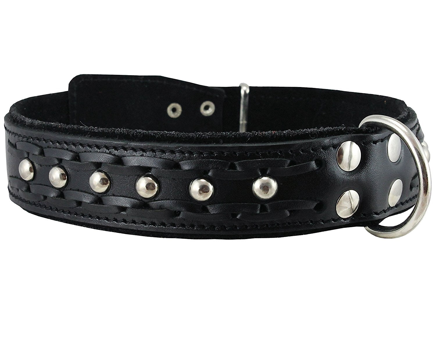 Genuine Leather Braided Studded Dog Collar, Black 1.5' Wide. Fits 17