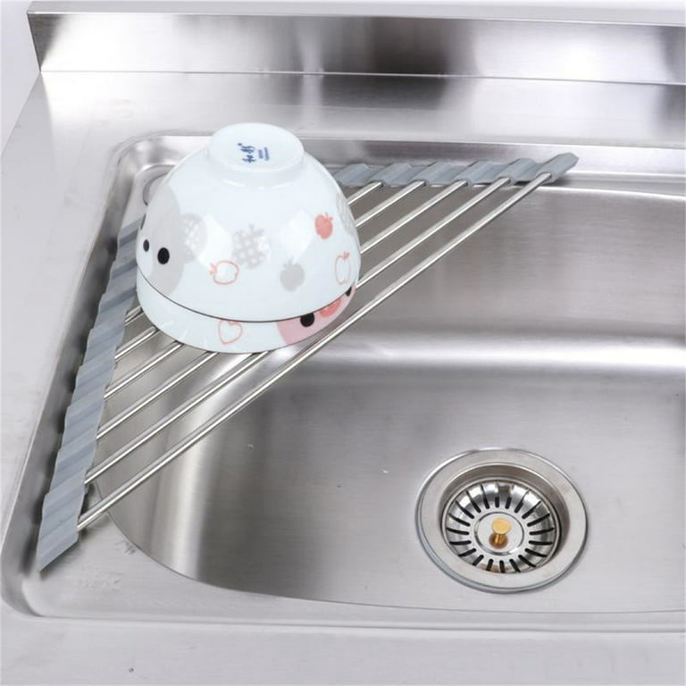 SDJMa Triangle Dish Drying Rack for Sink Corner Roll Up Dish Drying Rack  Folding Stainless Steel Multipurpose Over The Sink Corner Dish Drainer Mat  for Kitchen 