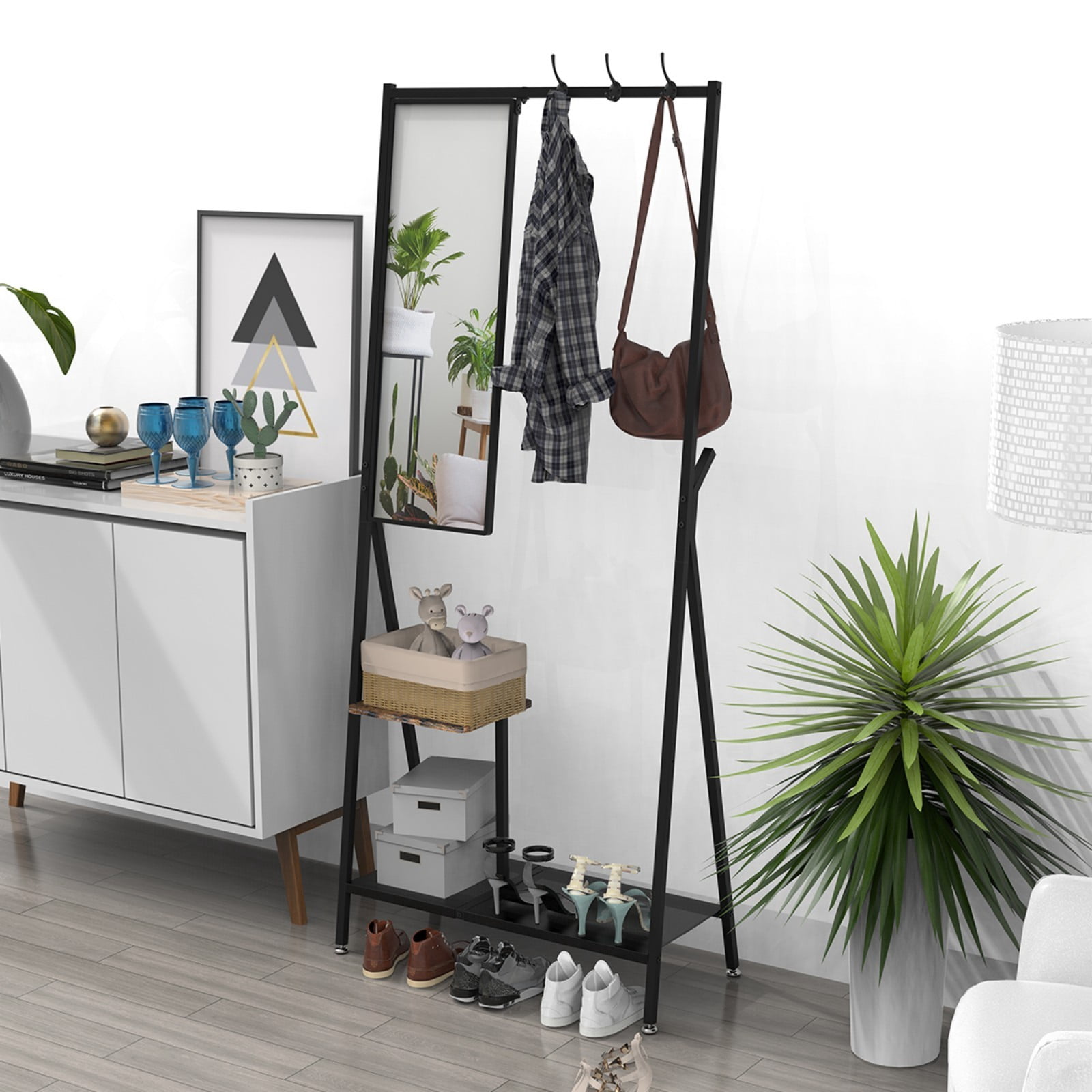 Industrial Coat Rack with Mirror, Multifunctional Wall Mounted Hall Tree with Shoe Storage & Hooks, Space-Saving Entryway Organizer for Living Room Bedroom Hallway, Rustic Brown & Black