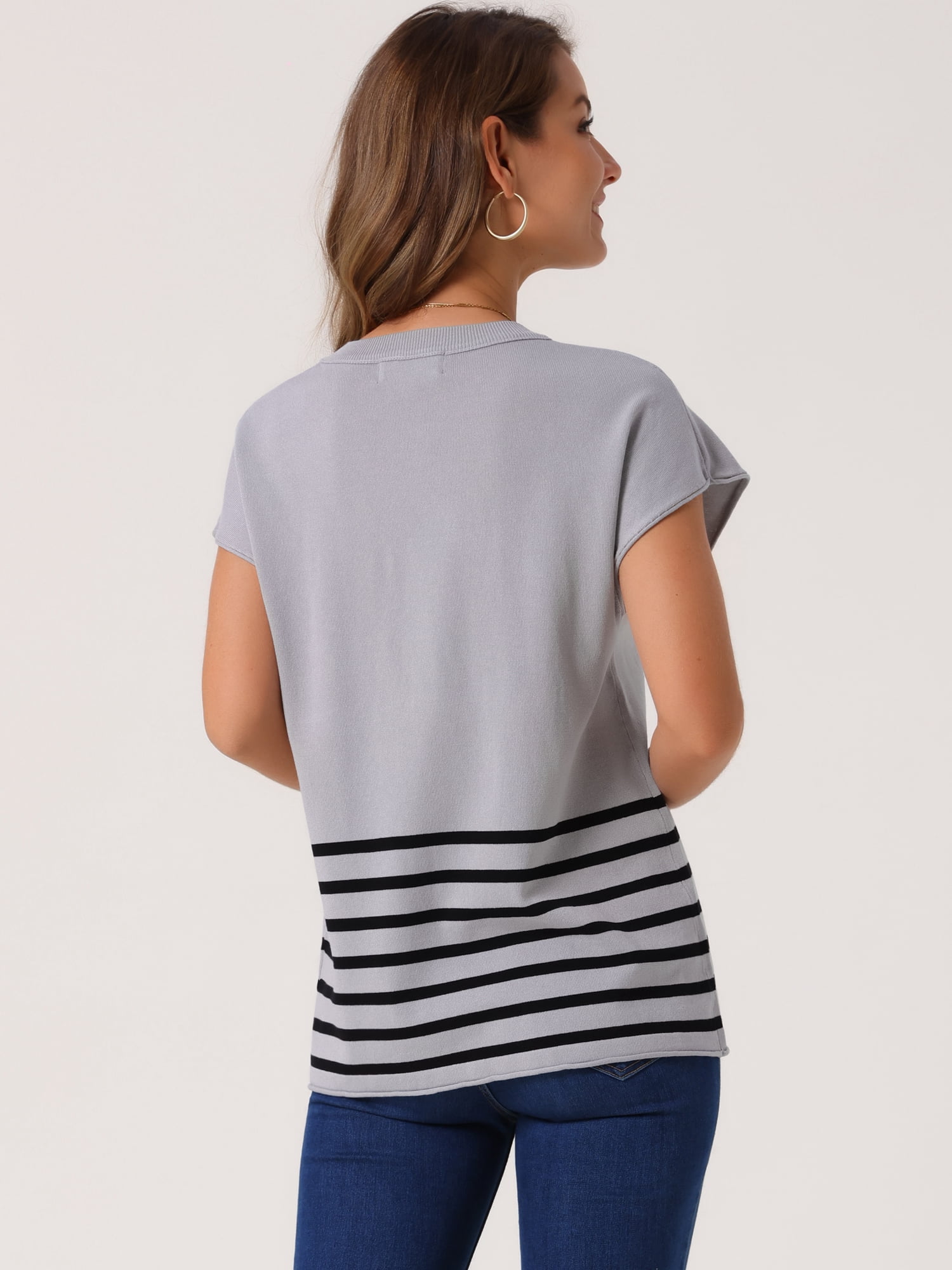 DARING DIVA Sleeveless Round Neck Striped Sweater Vest Cap Sleeve L Grey