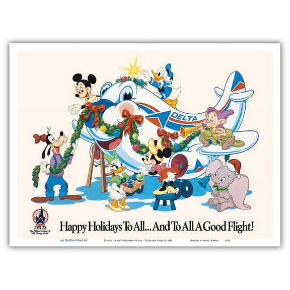 Mickey Mouse and Disney Characters - Happy Holidays to All - Delta Air Lines (Official Airline of Disney World) - Vintage Travel Poster c.1960s - Master Art Print (Unframed) 9in x 12in