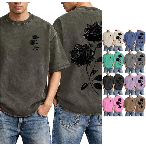 XIAOCHA Men's Vintage‑Wash Tee Rose Floral Dual‑Side Print Short‑Sleeve Pullover Top, Army Green, Sizes L