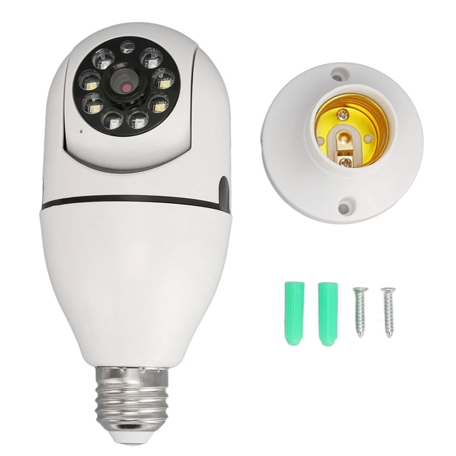 cámara de seguridad anggrek con bombilla inalámbrica 1080p detección de movimiento. Unidad tipo bombilla ABS blanca con rosca E27, lente central rodeada por ocho LEDs para visión nocturna; cabeza móvil con panorámica 355° y inclinación 90°. Incluye base de montaje, dos tornillos y dos tacos; compatible con video 1080P continuo, detección de movimiento, seguimiento automático y audio bidireccional. También suele usarse para vigilancia de entradas o cochera.