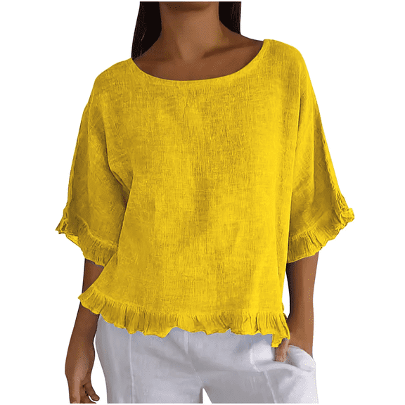 Women Summer Cotton Linen T Shirts Solid Cotton and Linen Ruffle Pleated Hem Tops Half Sleeve Round Neck Casual Shirt Comfortable Shirts
