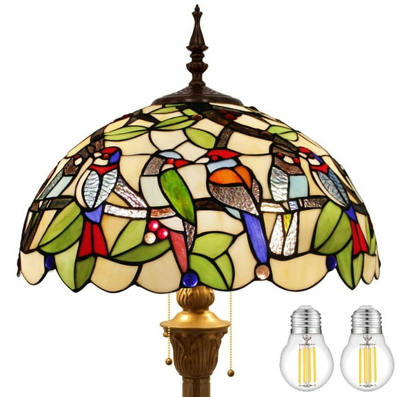 Tiffany Floor Lamp LED Glam Antique Art Bright Standing Reading Light 64" Tall Stained Glass Birds Shade Boho Industrial Bronze Pole Vintage Base Kids Bedroom Living Room Farmhouse Office WERFACTORY