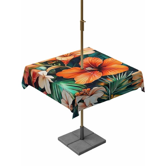 Square Outdoor Tablecloth with Umbrella Hole Burnt Orange Flower Outside Table Cloth Waterproof Patio Table Cover Vintage Botanical Floral Zipper Tablecloths for Picnic Party Camping 60x60 Inch
